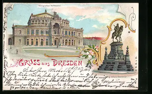 Lithographie Dresden, vor dem königlichen Hoftheater, am König Johann Denkmal