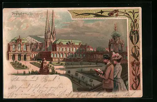 Lithographie Dresden, Passanten im Zwinger