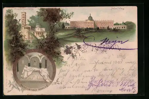 Lithographie Potsdam, Blick auf das Neue Palais, Mausoleum Kaiser Friedrich III