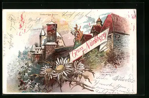 Lithographie Nürnberg, der Fünfeckige Turm, Folterkammer auf der Burg