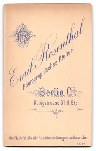 Fotografie Emil Rosenthal, Berlin C., Königstrasse 31, Junger Mann mit Zwicker und Schnurrbart