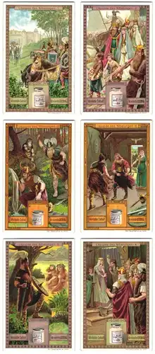 6 Sammelbilder Liebig, Serie Nr. 992: L`épopée des Nibelungen, Hagen tötet Siegfried