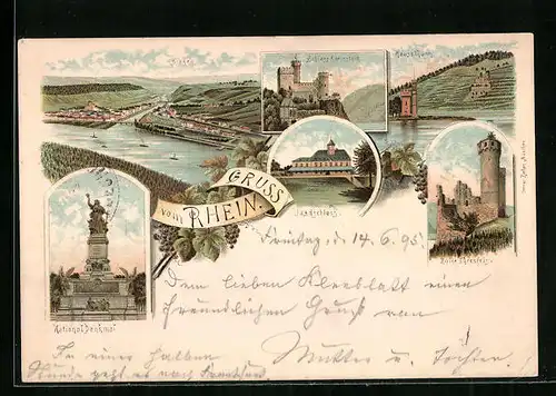 Vorläufer-Lithographie Bingen, 1895, Jagdschloss, National-Denkmal, Mäusethurm