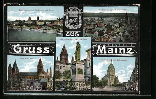AK Mainz, Dom vom Westen und Gutenberg-Denkmal