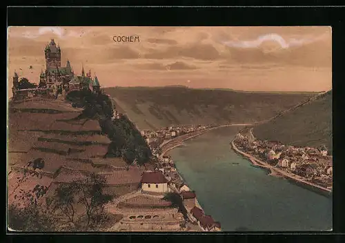 AK Cochem, Flusspartie mit Burg und Stadt