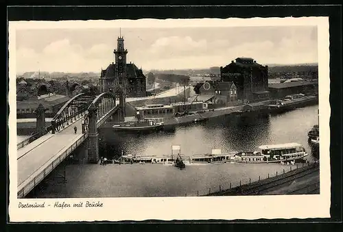 AK Dortmund, Hafen mit Brücke und Ausflugsschiffen