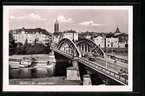 AK Minden i. W., Weserbrücke mit Dampfer