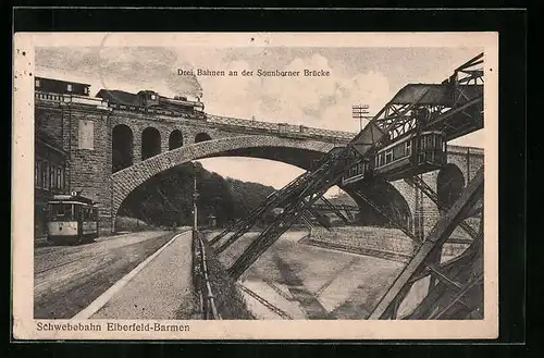 AK Elberfeld-Barmen, Strassenbahn, Dampfeisenbahn und Schwebebahn an der Sonnborner Brücke