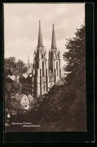 AK Marburg /Lahn, Elisabethkirche zwischen Bäumen