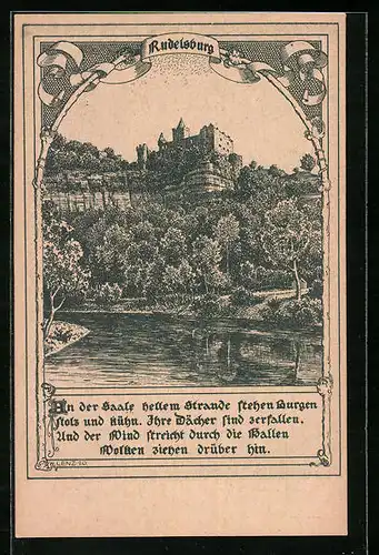 AK Saaleck, Rudelsburg von der Saale aus gesehen