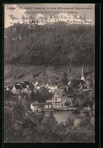 AK Honau-Lichtenstein /Württ., Ortspartie mit Gasthof Olgahöhle aus der Vogelschau