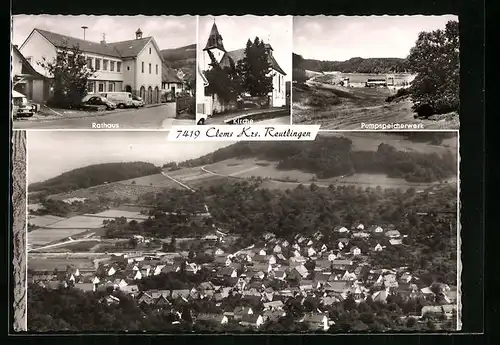 AK Glems b. Reutlingen, Rathaus, Kirche und Pumpspeicherwerk
