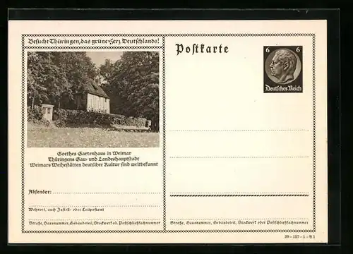 AK Weimar, Goethes Gartenhaus, Ganzsache