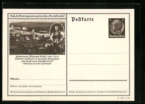 AK Finsterbergen /Thüringer Wald, Ortsansicht, Frau in Tracht, Ganzsache