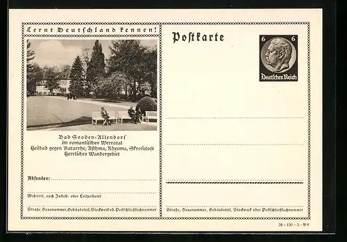 AK Bad Sooden-Allendorf, Baumbestandener Kurpark, Ganzsache Lernt Deutschland kennen