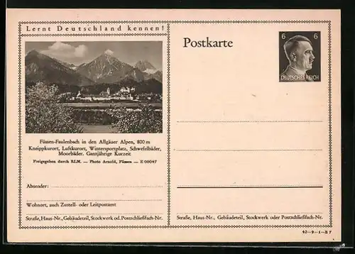 AK Füssen-Faulenbach, Ortsansicht mit Bergpanorama, Ganzsache Lernt Deutschland kennen