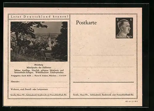 AK Mainburg /Hallertau, Ortsansicht mit Bäumen, Ganzsache Lernt Deutschland kennen