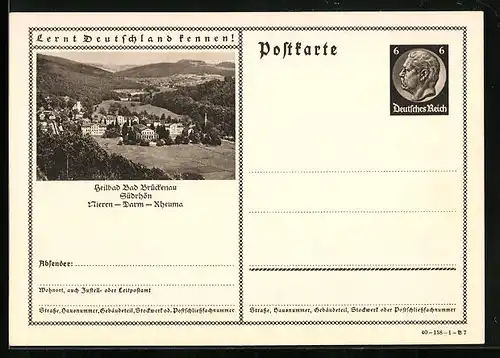 AK Bad Brückenau /Südrhön, Blick auf den Kurort, Ganzsache Lernt Deutschland kennen