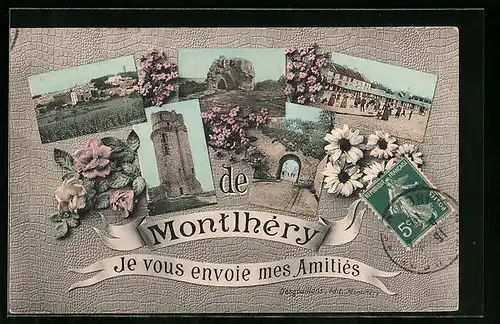 AK Montlhéry, Je vous envoie mes Amities de Montlhéry - Ruine, Turm, Ortsansicht