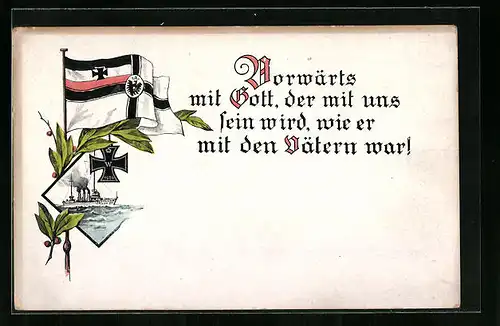 AK Reichskriegsflagge mit eisernem Kreuz und Kriegsschiff