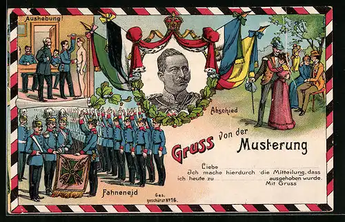 AK Gruss von der Musterung mit Porträt Kaiser Wilhelm II.