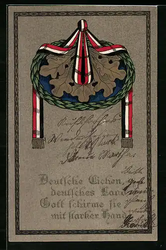 AK Kranz mit Eichenblättern und Band in Reichsfarben