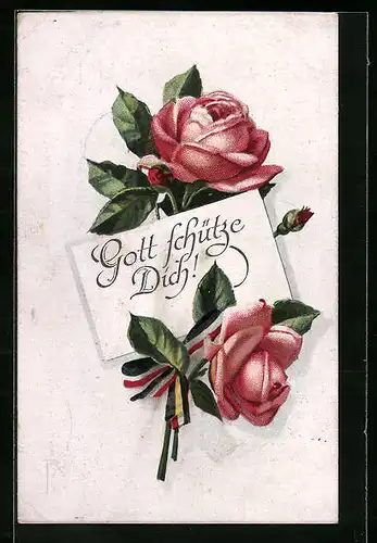 AK Rote Rosen und Brief mit Text Gott schütze Dich