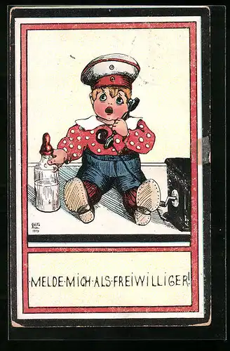 AK Kleinkind mit Milchfläschchen am Telefon