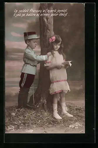 AK Junge in französischer Uniform und Mädchen mit Brief