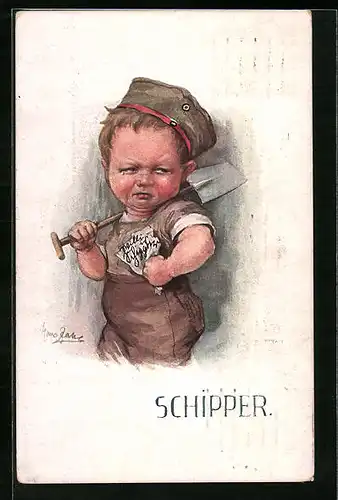 AK Kind mit deutscher Feldmütze und Spaten