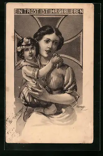 AK Frau mit Kind und Eisernes Kreuz im Hintergrund