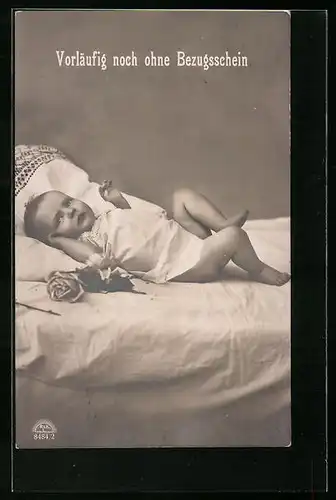 AK Säugling im Bett, Vorläufig noch ohne Bezugsschein