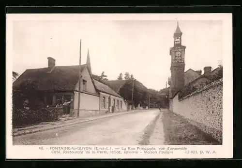 AK Fontaine-la-Guyon, La Rue Principale, vue d`ensemble - Cafe, Restaurant de la Poste, tabac, epicerie - Maison Poulain