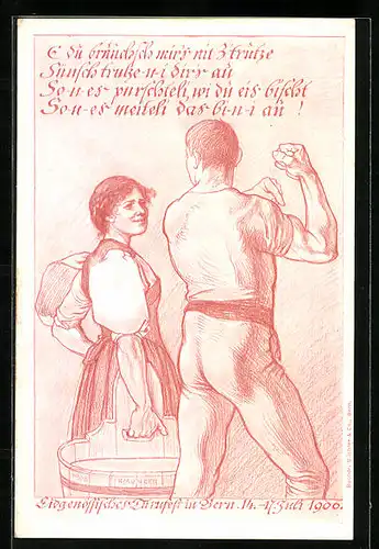 Künstler-AK Bern, Eidgenössisches Turnfest 1900, Turner imponiert einem Mädchen