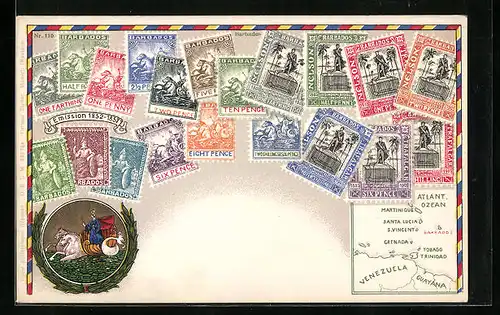 AK Briefmarken von Barbados mit Wappen