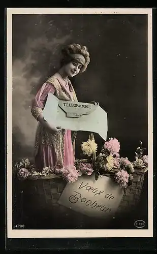 AK Frau im Blumenkorb mit geöffneten Telegramm, Postgeschichte