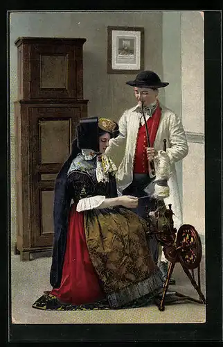AK Frau am Spinnrad mit Mann in Tracht Schaumburg-Lippe