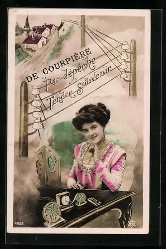 AK De Courpière-Par dèpeche Tendre Souvenir, Junge Frau und Telefon-Verkabelung