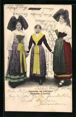 AK Drei junge Frauen in elsass-lothringischer Tracht