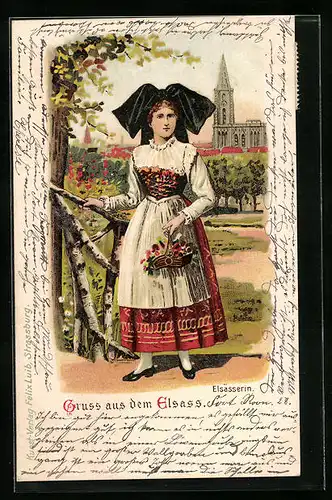 Künstler-AK Junge Frau in elsässer Tracht mit Blumenkorb