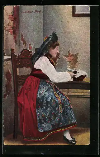 AK Frau am Tisch in elsässer Tracht