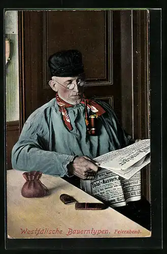 AK Westfälischer Bauer in Tracht beim Zeitunglesen am Feierabend