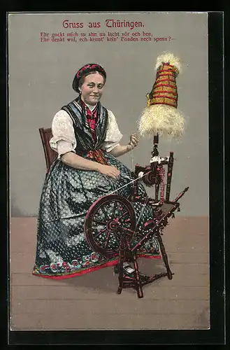 AK Frau in thüringischer Tracht am Spinnrad