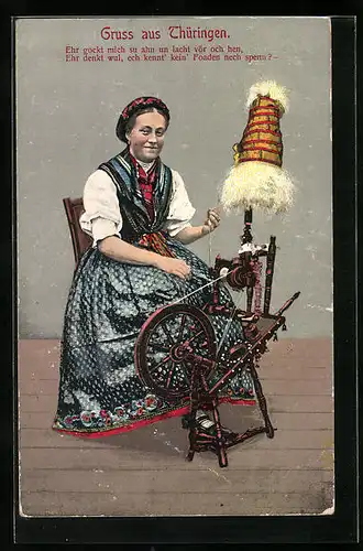 AK Frau in thüringischer Tracht am Spinnrad