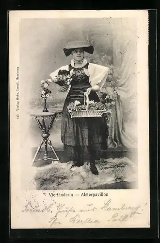 AK Frau in Vierländer Tracht im Alsterpavillon