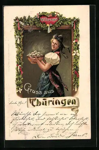 Künstler-AK Junge Frau in thüringischer Tracht mit Klösen