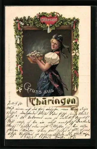 Künstler-AK Junge Frau in thüringischer Tracht mit Klösen