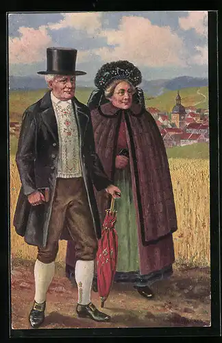 Künstler-AK Älteres Paar beim Kirchgang in thüringischer Tracht