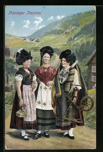 AK Drei Frauen mit Spinnrad in thüringischen Trachten