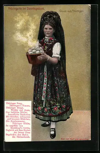 AK Thüringerin im Sonntagsstaat mit einer Schüssel Klöse